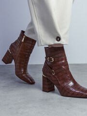 Moda in Pelle Kamina Flare Block Heel Sq Toe Wrap Buckle Trim Ankle Boots - Image 1 of 4