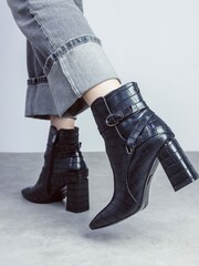 Moda in Pelle Kamina Flare Block Heel Sq Toe Wrap Buckle Trim Ankle Boots - Image 1 of 5