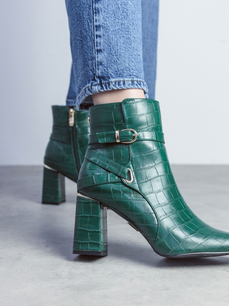 Moda in Pelle Kamina Flare Block Heel Sq Toe Wrap Buckle Trim Ankle Boots - Image 1 of 5