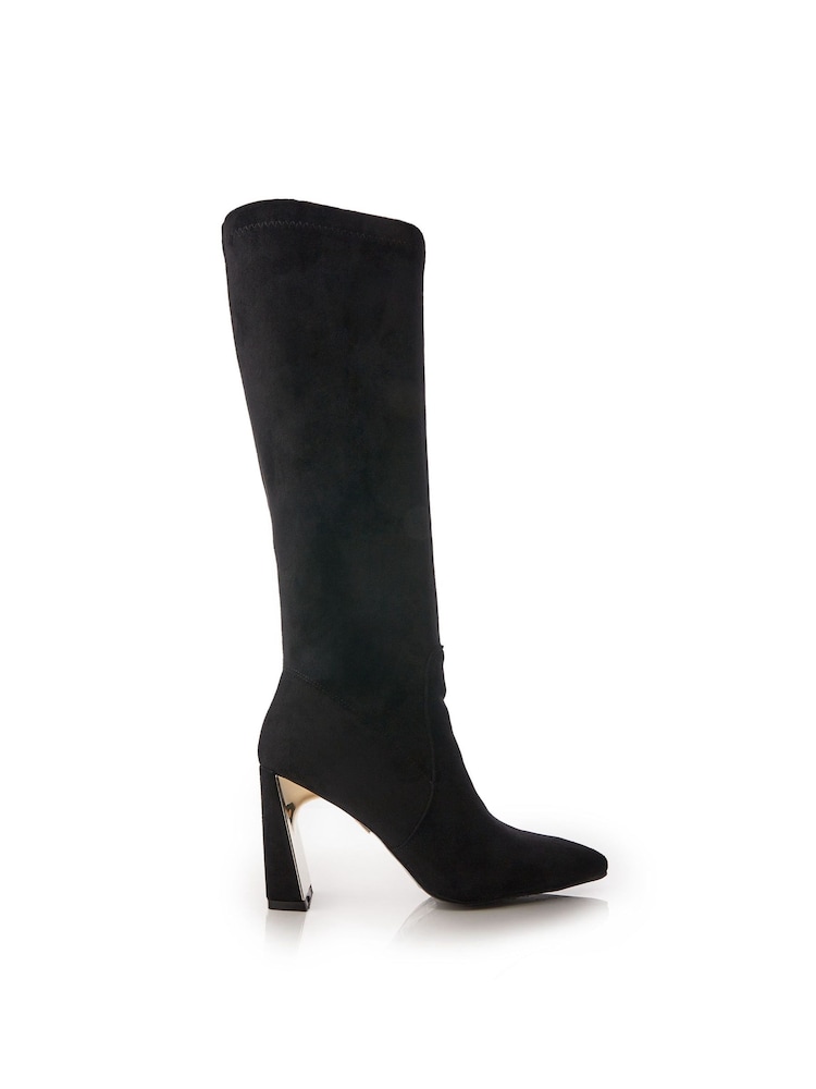 Moda in Pelle Tamika Slim Heel Metal Back Stretch Long Smart Black Boots - Image 1 of 3
