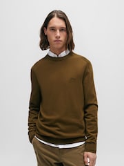 BOSS Khaki Crew Neck Embroidered Logo Cotton Jumper - Image 1 of 5