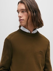 BOSS Khaki Crew Neck Embroidered Logo Cotton Jumper - Image 3 of 5
