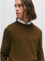 BOSS Khaki Crew Neck Embroidered Logo Cotton Jumper - Image 4 of 5
