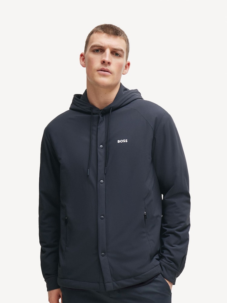 BOSS Navy Blue Button Up Hooded Overshirt Jacket - Image 2 of 6
