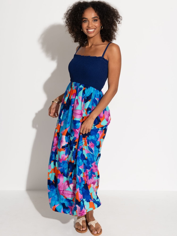 Pour Moi Blue Multi Floral Strapless Shirred Bodice Maxi Beach Dress - Image 2 of 4