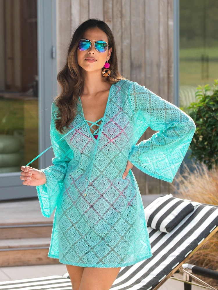 Pour Moi Sky Blue Crochet Lace Long Sleeve Beach Cover-Up - Image 1 of 4