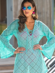 Pour Moi Sky Blue Crochet Lace Long Sleeve Beach Cover-Up - Image 2 of 4