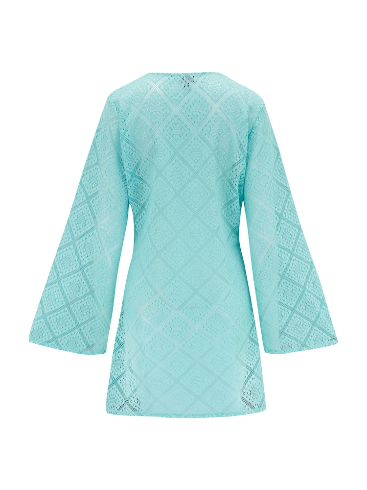 Pour Moi Sky Blue Crochet Lace Long Sleeve Beach Cover-Up - Image 4 of 4