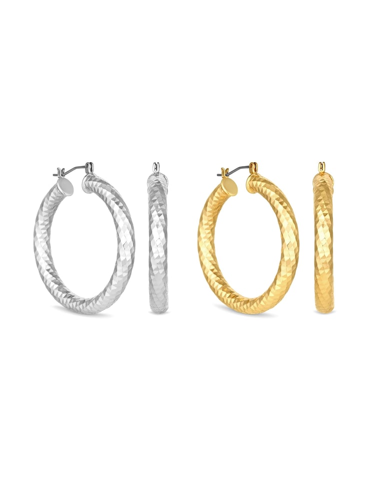 Lipsy Jewellery White Diamond Cut Party Hoop Earrings - Pack of 2 - Image 1 of 3
