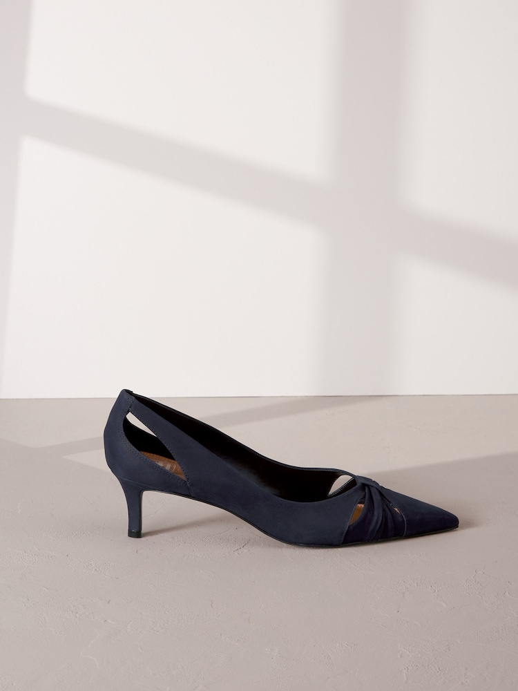 Navy Blue Signature Leather Cutout Kitten Heels - Image 2 of 6