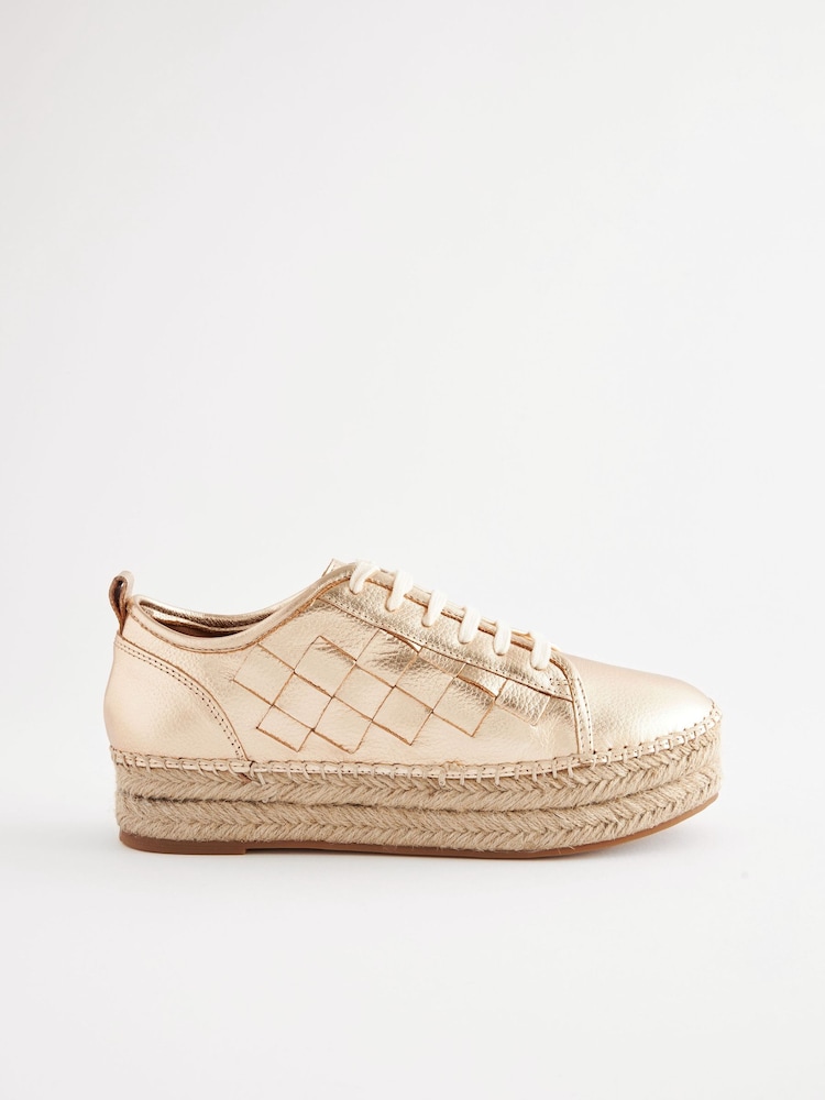 Gold Forever Comfort® Leather Espadrille Flatform Weave Trainers - Image 2 of 5