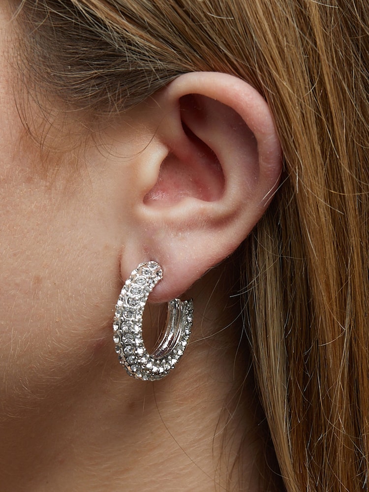 Lipsy Jewellery Silver Tone Crystal Chubby Hoop Earrings - Image 3 of 3