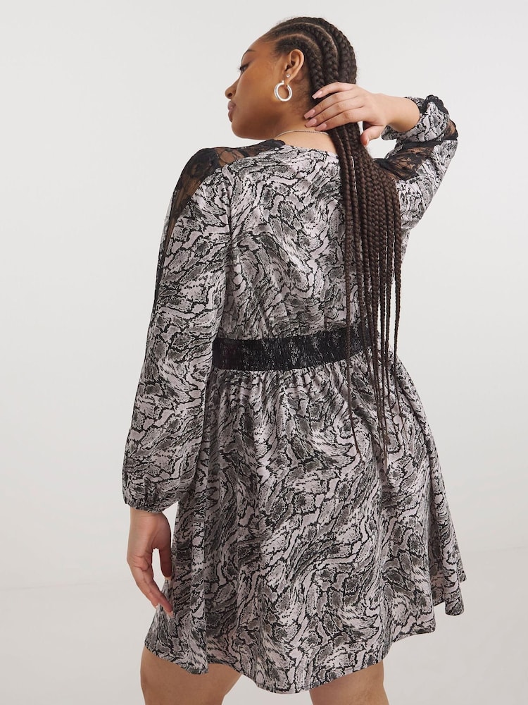 Simply Be Grey Animal Lace Insert Skater Dress - Image 2 of 4