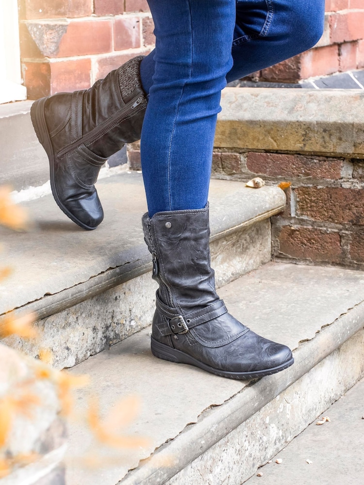 Pavers Grey Knitted Cuff Buckle Slouch Mid-Calf Boots - Image 1 of 4