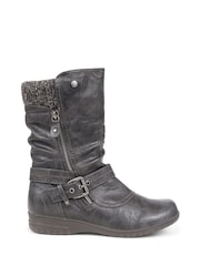 Pavers Grey Knitted Cuff Buckle Slouch Mid-Calf Boots - Image 2 of 4