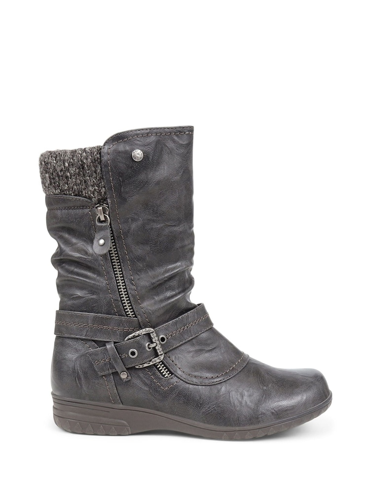 Pavers Grey Knitted Cuff Buckle Slouch Mid-Calf Boots - Image 2 of 4