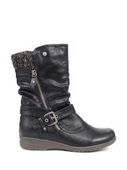 Черный - Pavers Knitted Cuff Buckle Slouch Mid-Calf Boots - Image 1 of 5