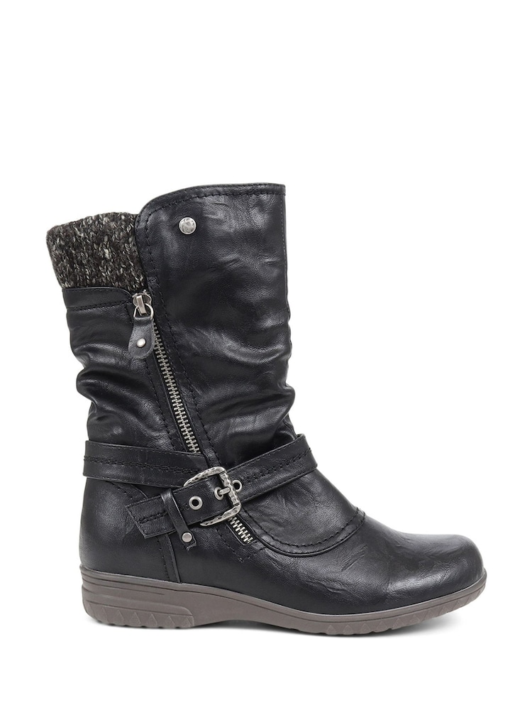 Черный - Pavers Knitted Cuff Buckle Slouch Mid-Calf Boots - Image 1 of 5