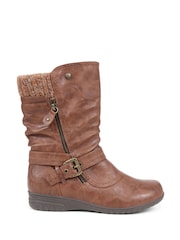 Коричневый - Pavers Knitted Cuff Buckle Slouch Mid-Calf Boots - Image 1 of 5