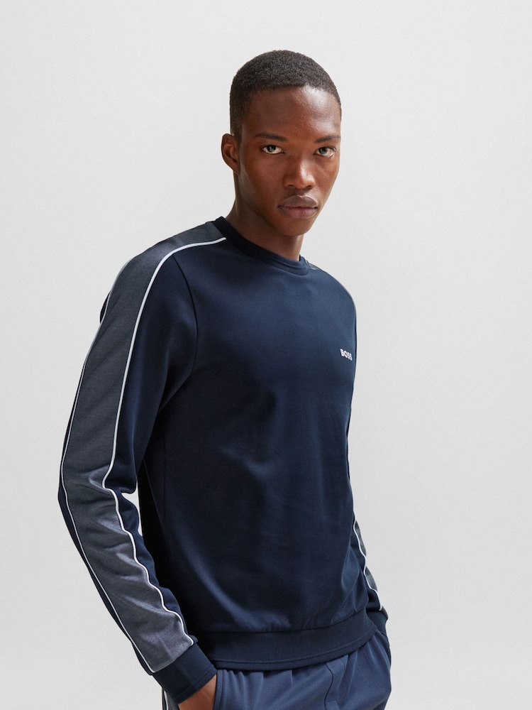 BOSS Blue Contrast Panel Logo Jersey Sweatshirt - Image 1 of 5 BOSS Blue Contrast Panel Logo Jersey Sweatshirt - Image 1 of 5