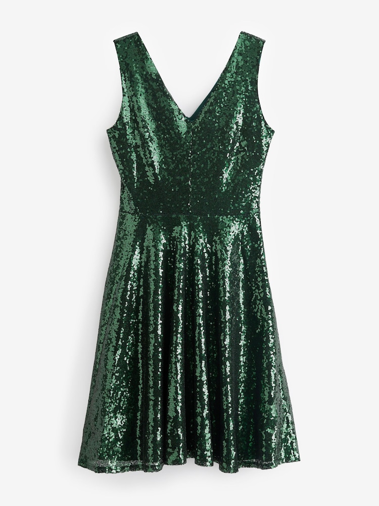 Hot Squash Green Sequin V-Neck Fit and Flare Dress - Image 4 of 4