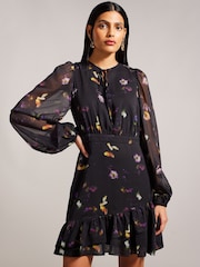 Ted Baker Nikaii Ruffle Asymmetric Mini Black Dress - Image 1 of 7
