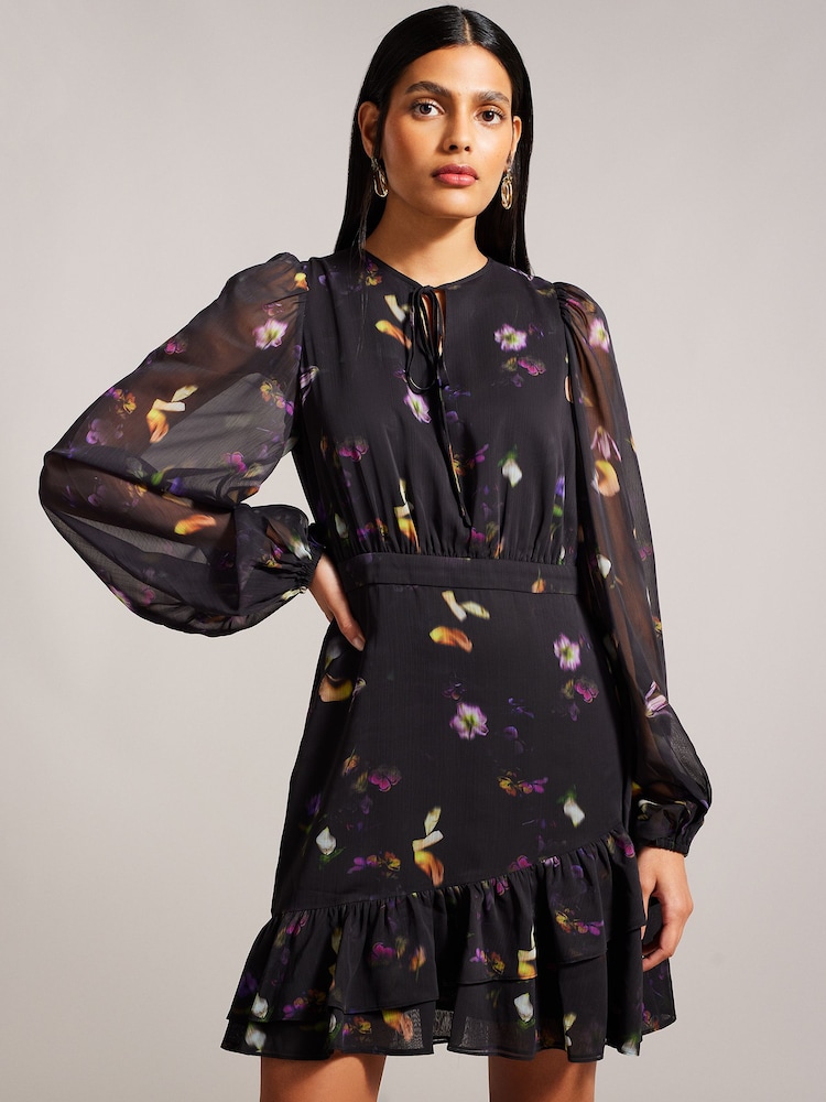 Ted Baker Nikaii Ruffle Asymmetric Mini Black Dress - Image 1 of 7
