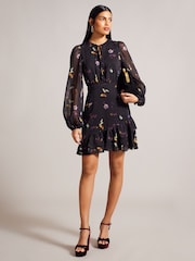 Ted Baker Nikaii Ruffle Asymmetric Mini Black Dress - Image 3 of 7