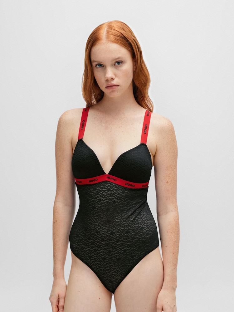 HUGO Lace Black Bodysuit with Logo Trims - Image 1 of 5