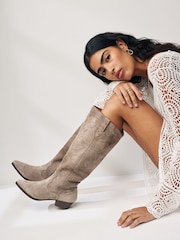 Mink Brown Forever Comfort® Stitched Detail Suede To The Knee Western/Cowboy Boots - Image 1 of 9