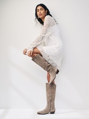 Mink Brown Forever Comfort® Stitched Detail Suede To The Knee Western/Cowboy Boots - Image 2 of 9