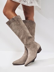 Mink Brown Forever Comfort® Stitched Detail Suede To The Knee Western/Cowboy Boots - Image 3 of 9