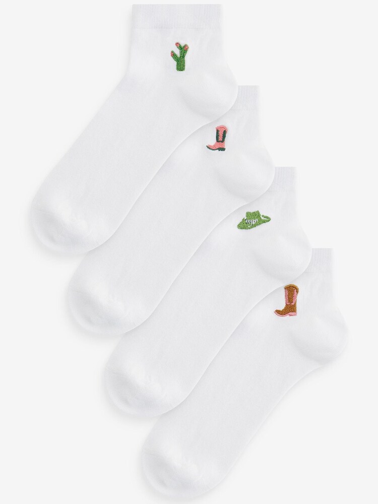 Cowgirl Embroidered Motif White Trainers Socks 4 Pack - Image 1 of 6