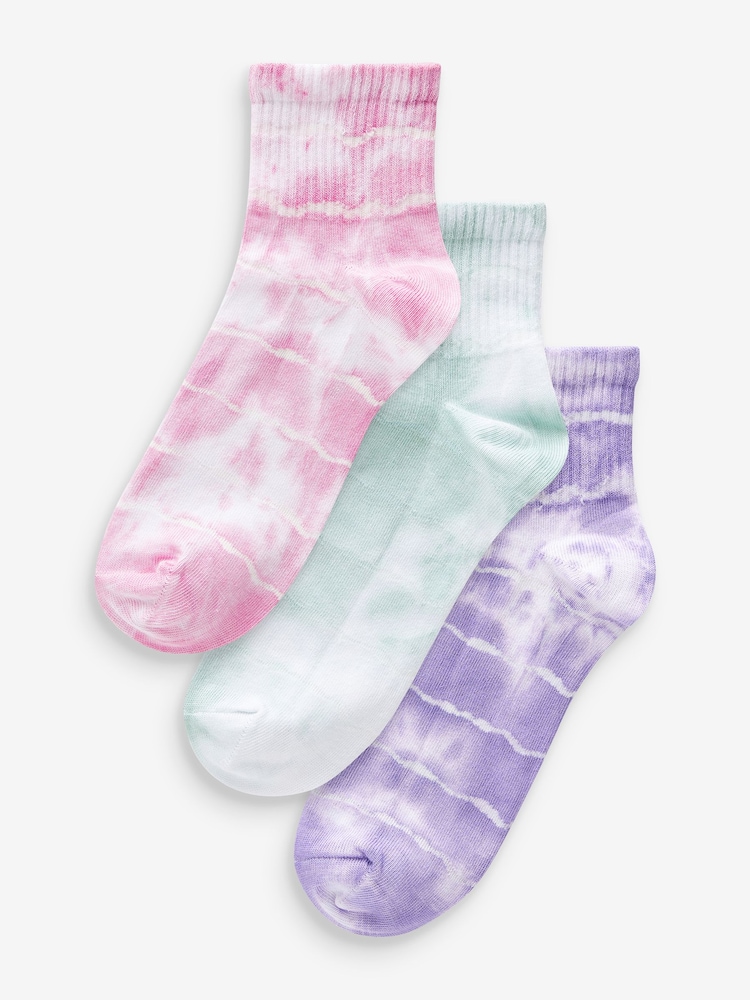 Pink/Lilac/Teal Tie Dye Cushion Sole Cropped Ankle Socks 3 Pack - Image 1 of 4