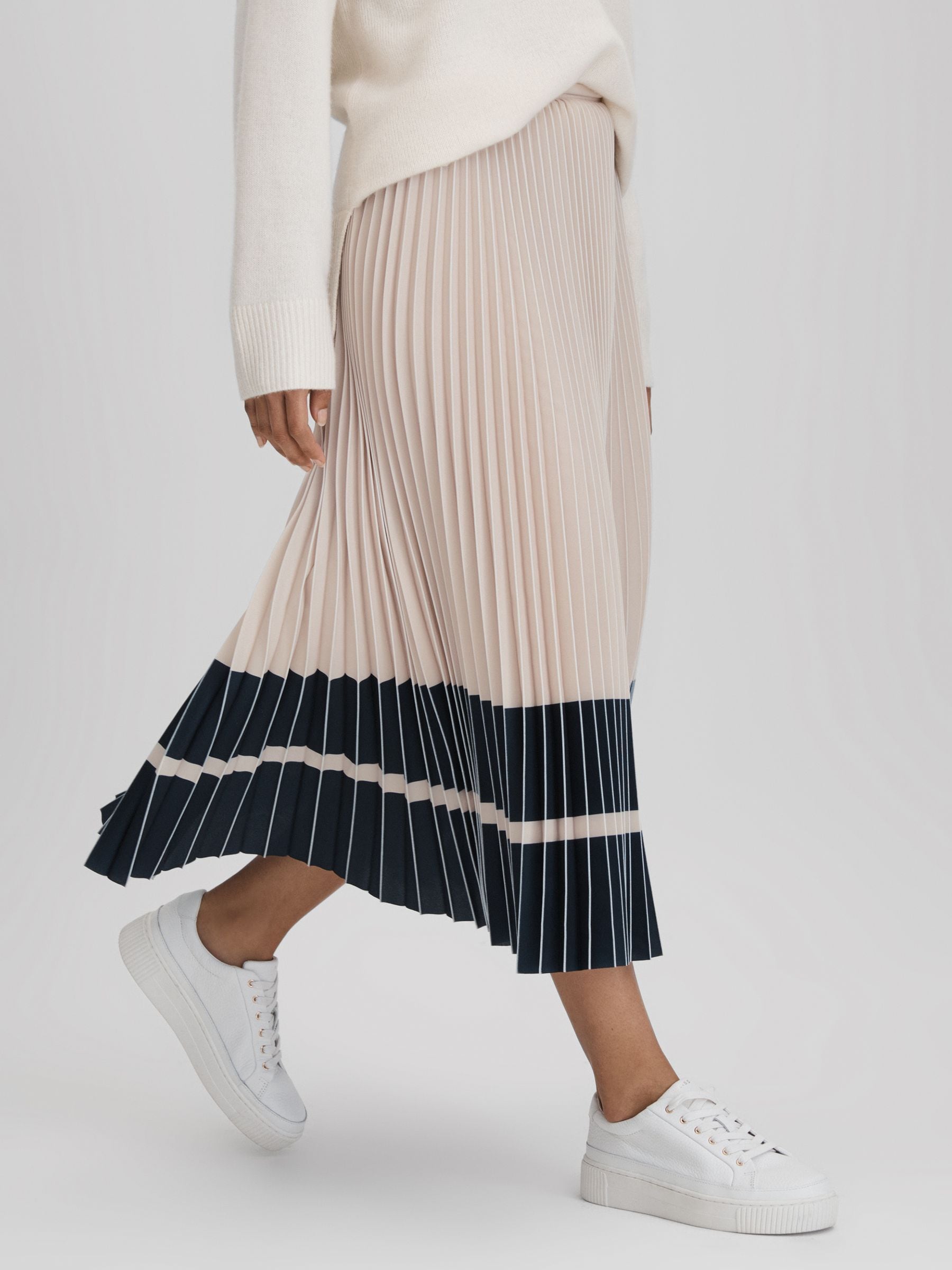 Navy pleated midi skirt uk top
