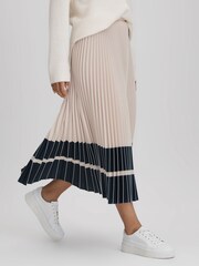 Reiss Nude/Navy Marie High Rise Pleated Midi Skirt - Image 1 of 6