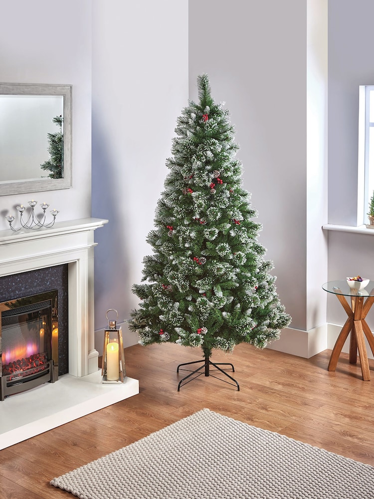 Premier Decorations Ltd Green Sugar Pine PVC Christmas Tree 7ft with Iced Tips, Berries & Cones - Image 1 of 3