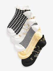 Black/White/Yellow Broderie Frll Trainers Socks 5 Pack - Image 1 of 7