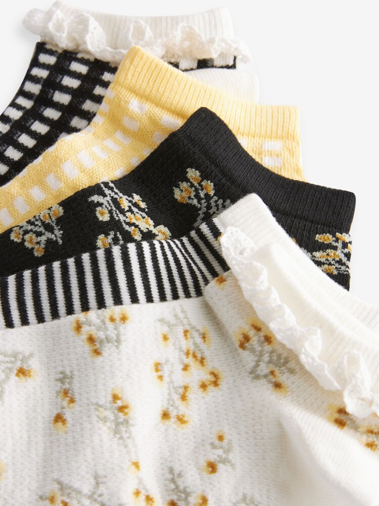 Black/White/Yellow Broderie Frll Trainers Socks 5 Pack - Image 2 of 7
