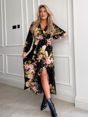 Girl In Mind Black Floral Petite Thea Long Sleeve Wrap Midi Dress - Image 1 of 4