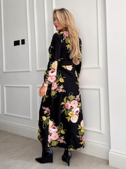 Girl In Mind Black Floral Petite Thea Long Sleeve Wrap Midi Dress - Image 2 of 4