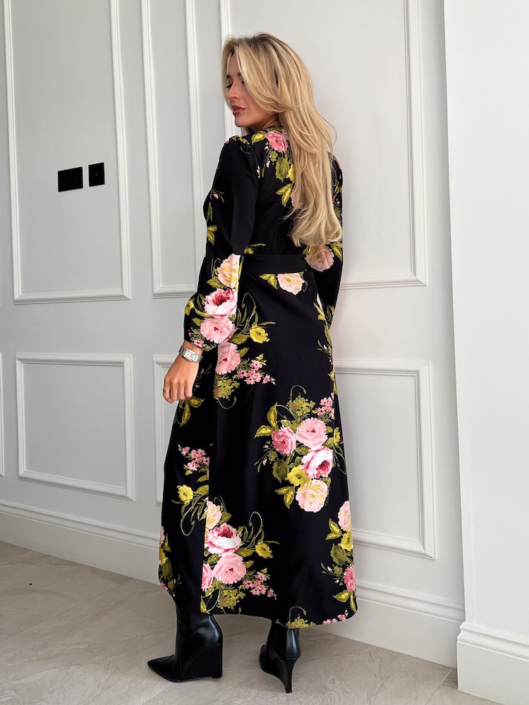 Girl In Mind Black Floral Petite Thea Long Sleeve Wrap Midi Dress - Image 2 of 4