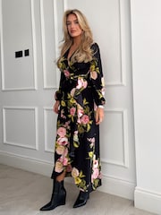 Girl In Mind Black Floral Petite Thea Long Sleeve Wrap Midi Dress - Image 3 of 4