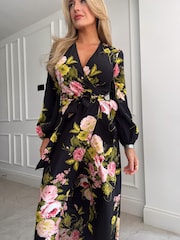 Girl In Mind Black Floral Petite Thea Long Sleeve Wrap Midi Dress - Image 4 of 4