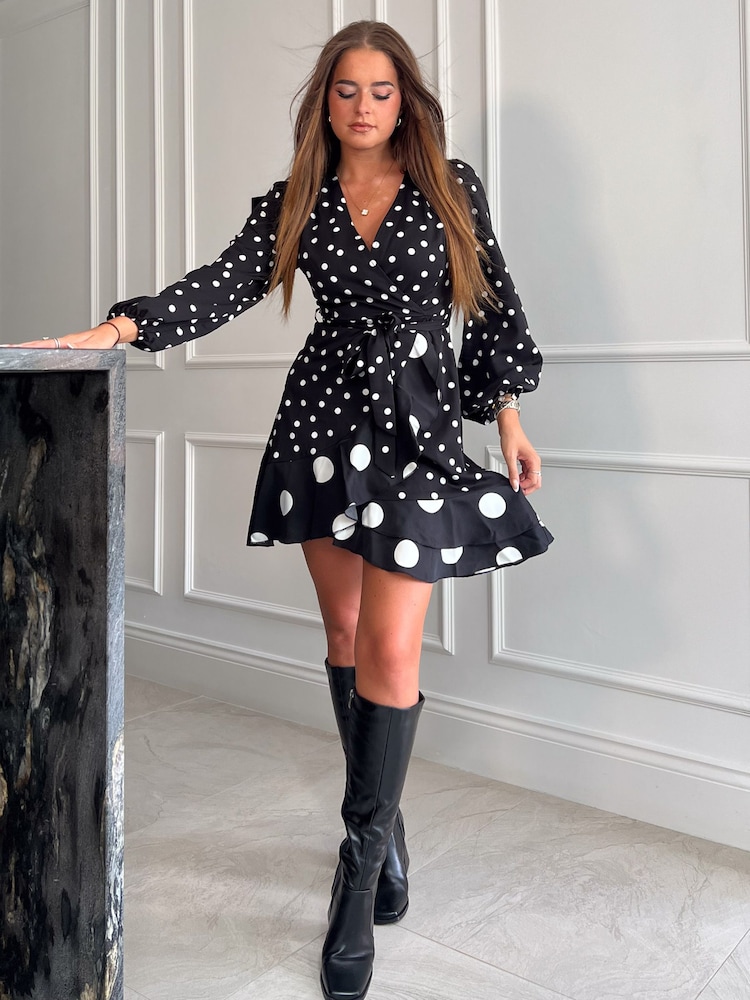 Girl In Mind Black Katrina Spot Print Long Sleeve Mini Dress - Image 1 of 4
