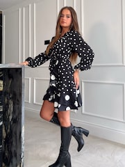Girl In Mind Black Katrina Spot Print Long Sleeve Mini Dress - Image 3 of 4