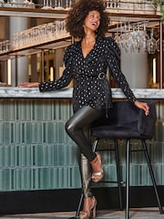 Sosandar Black Metallic Faux Leather Seam Detail Leggings - Image 3 of 3