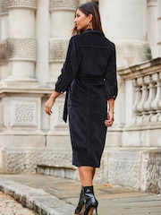 Sosandar Black Velvet Puff Sleeve Popper Front Midi Dress - Image 3 of 6