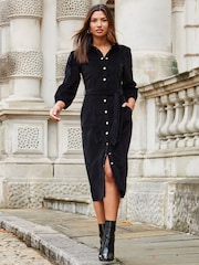 Sosandar Black Velvet Puff Sleeve Popper Front Midi Dress - Image 4 of 6