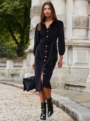 Sosandar Black Velvet Puff Sleeve Popper Front Midi Dress - Image 6 of 6